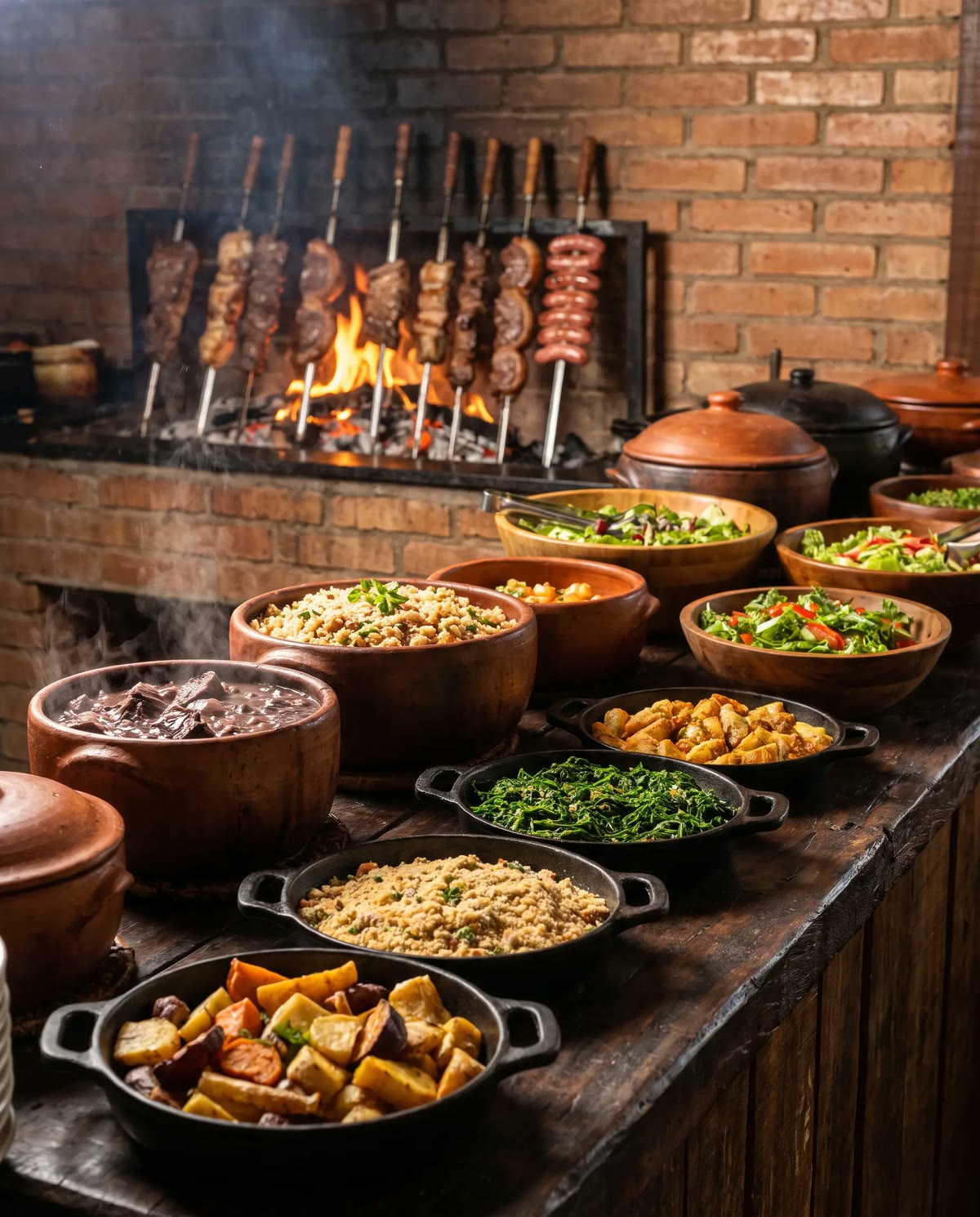 Buffet rústico com panelas de barro, saladas e carnes na brasa