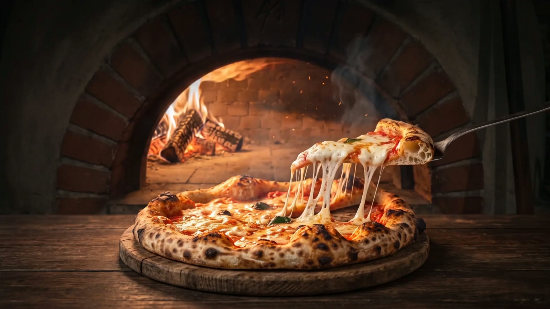 Fatia de pizza sendo levantada, com a muçarela esticando